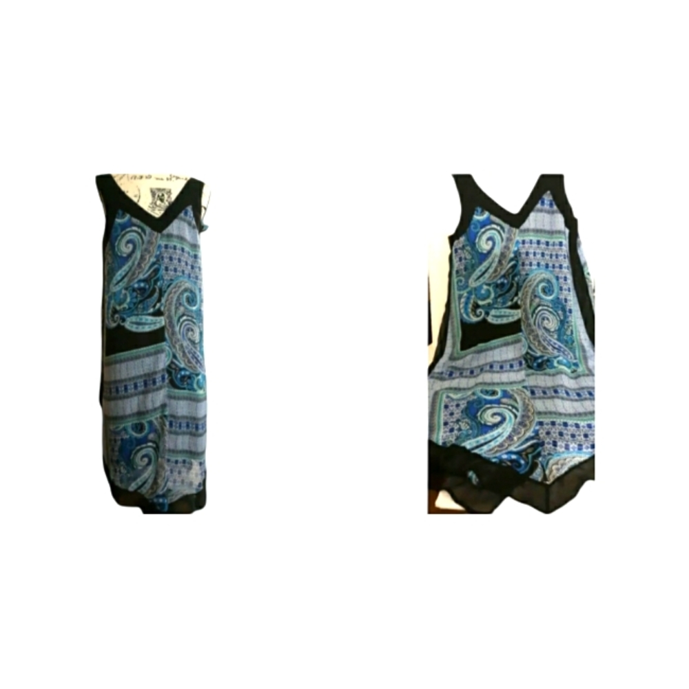 Womens AB Studio size Medium Asymmetrical  Hem Black blue print Lined Dress